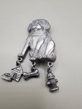 Cute Vintage Style Pewter Dog Brooch Dangle Charms Spoon Jewelry